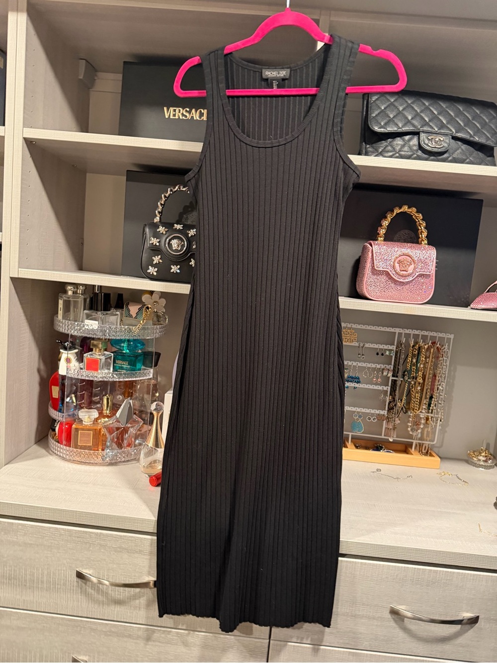 Rachel Zoe Ribbed Sleeveless Black Midi Dress